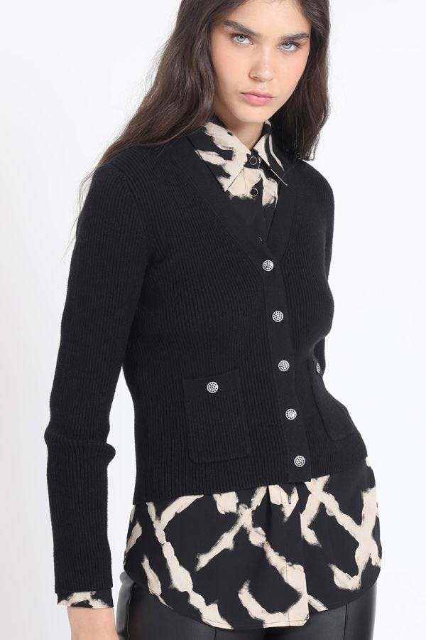 CARDIGAN TEJIDO PUNTO, BOTON JOYA, NEGRO