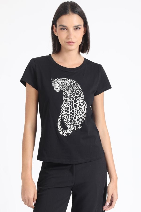 POLERA ALGODÓN, ESTAMPADO LEOPARDO, NEGRO
