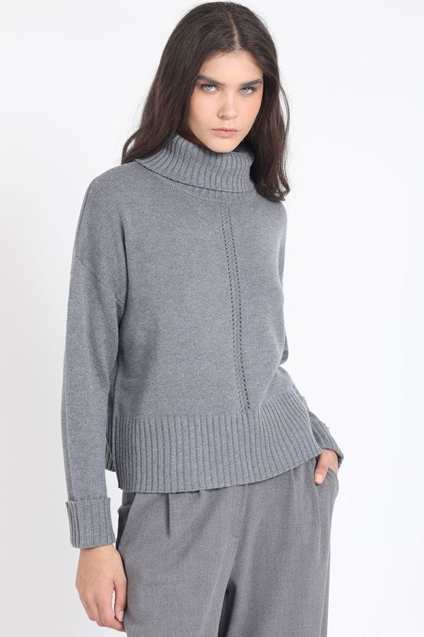 SWEATER RECTO TEJIDO MIX PUNTO FANTASIA, GRIS