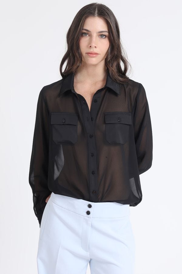BLUSA GASA, APLICACIÓN SATIN, NEGRO