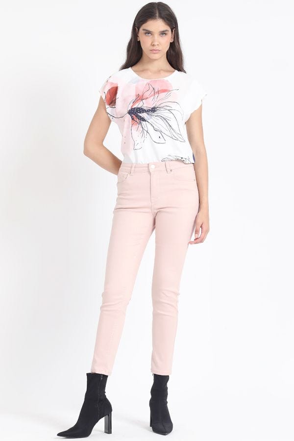 JEANS SKINNY COLOR, TIRO MEDIO, CON BORDADO, ROSA