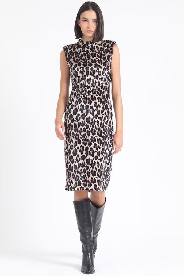 VESTIDO MIDI ESTAMPADO LEOPARDO, NEGRO