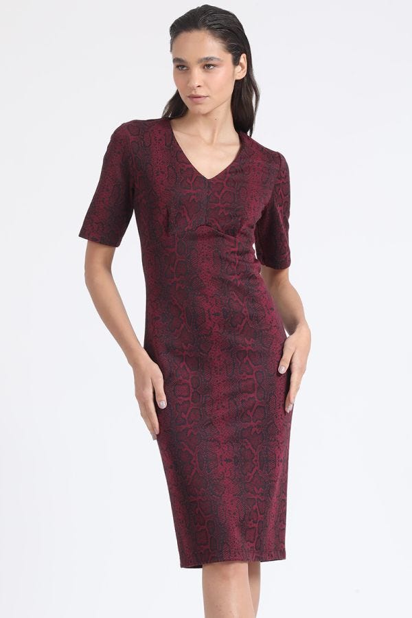 VESTIDO MIDI ESTAMPADO PITON, BURDEO