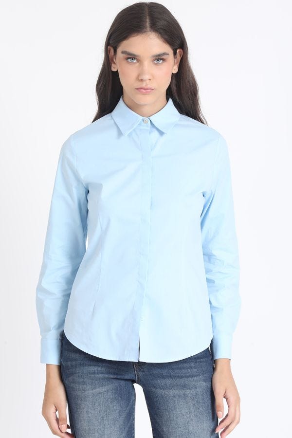 CAMISA BASICA ALGODÓN POPLIN, BOTON JOYA, CELESTE